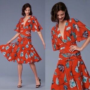 DVF • Flutter Sleeve Cinched Waist Dress mesh midi Asher Vermillion floral print